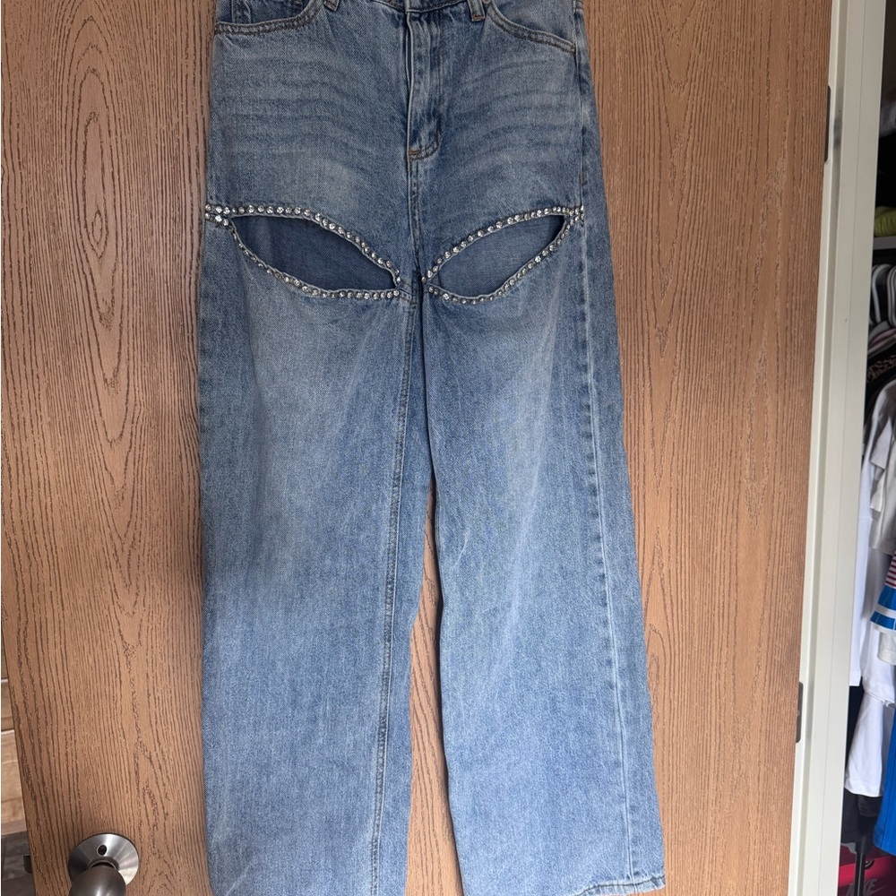 Forever 21 Light Blue Straight Leg Jeans with Rhinestone Accents
